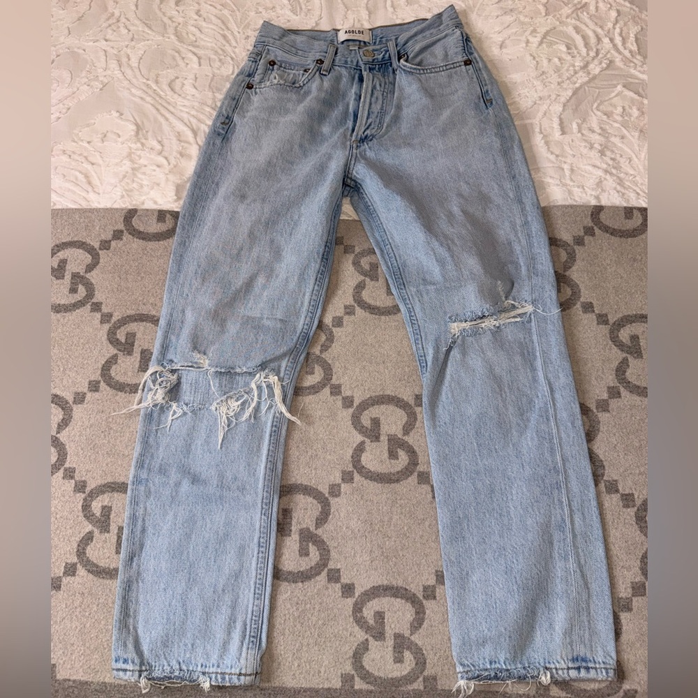 Agolde Riley Distressed Light Blue Jeans, 23